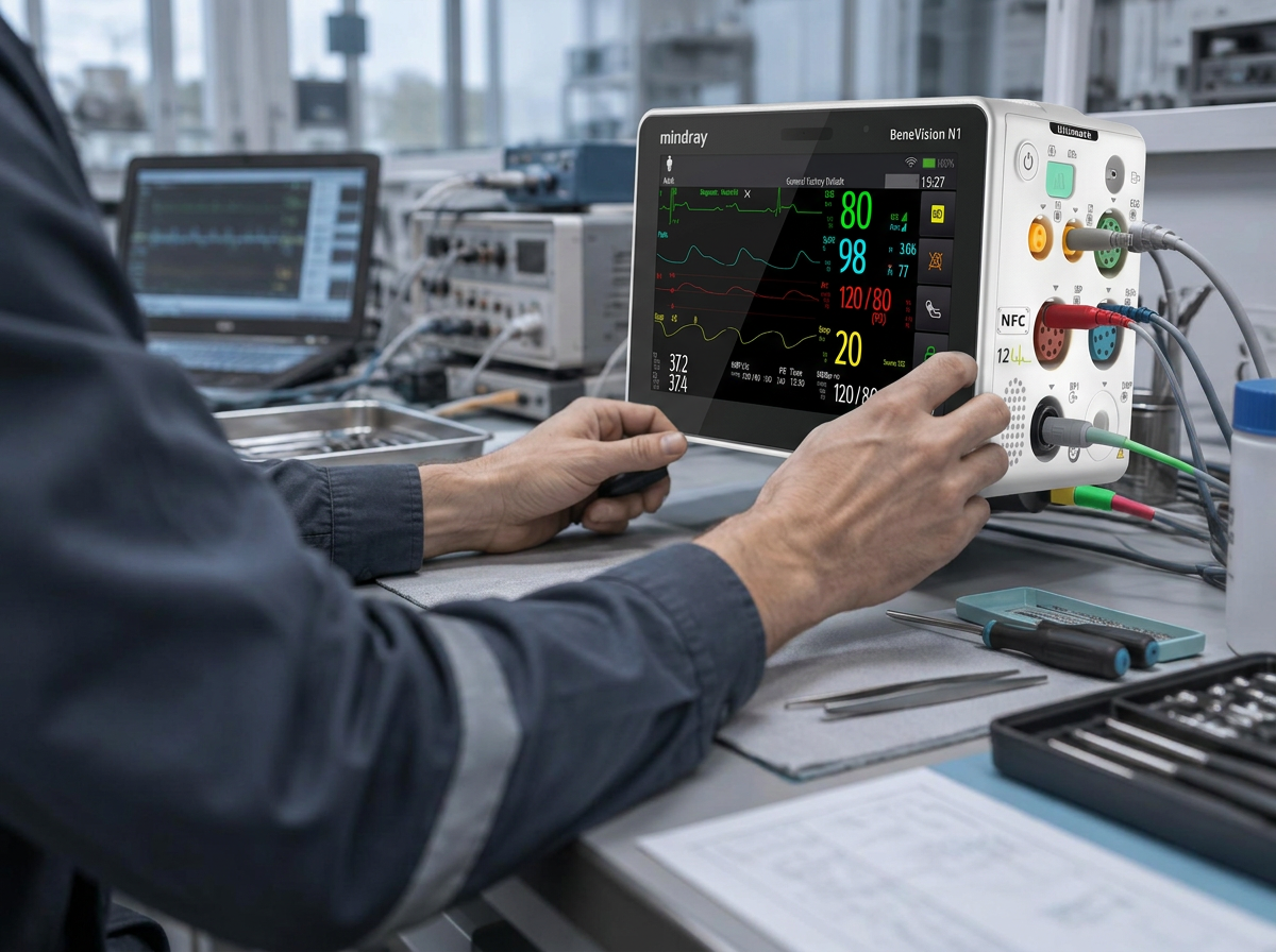 Engineer servicing a Mindray BeneVision patient monitor